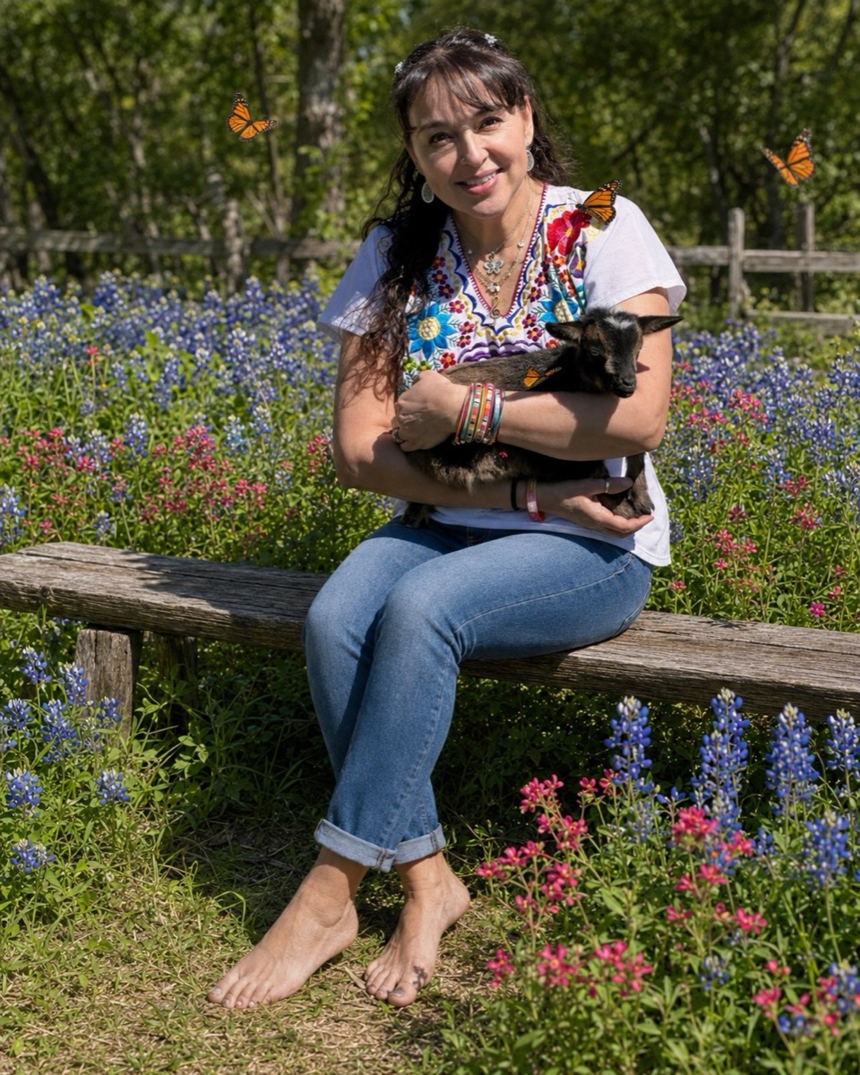 Celene seated outdoors in a field of flowers